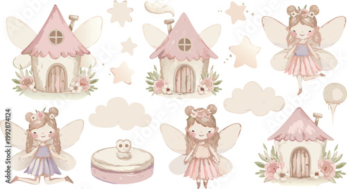 Whimsical fairy tale castles and princess fairies in soft pastel colors for kids stories or fantasy illustrations
