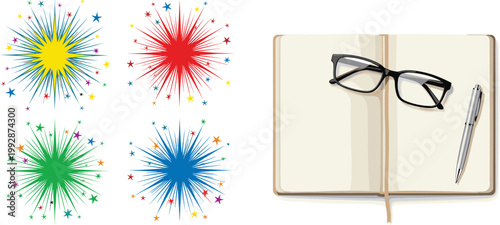 Colorful fireworks burst set and open notebook with glasses and pen education concept vector illustration isolated design elements collection