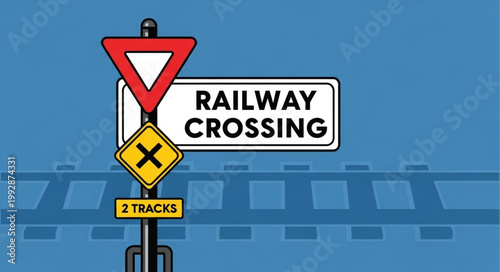 Railway Crossing Signage with Warning Symbols and Text.