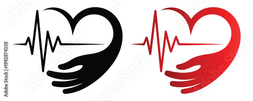 Heart with hand and ecg line in black and red on white background