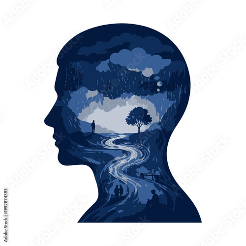 Surreal Human Mind Landscape with Rain, River Path and Emotional Journey Illustration