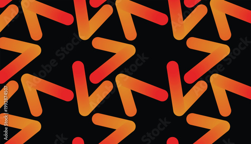 A striking geometric abstract composition featuring a seamless pattern of interlocking V-shaped or chevron-like forms set against a deep black background.