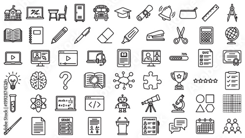 Education and school outline icon set for e-learning platform, academic app, classroom tools, or educational website UI design assets