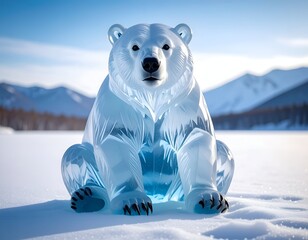 Sitting polar bear animal sculpture made of carved blue ice standing in an arctic snowy landscape representing climate change and wildlife survival
