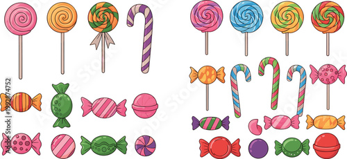 Colorful candy and lollipop vector set with swirled sweets, wrapped candies, candy canes and assorted treats in playful cartoon flat style illustration