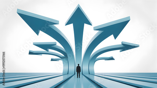 Businessman choosing directions with blue arrows in abstract futuristic setting clean background