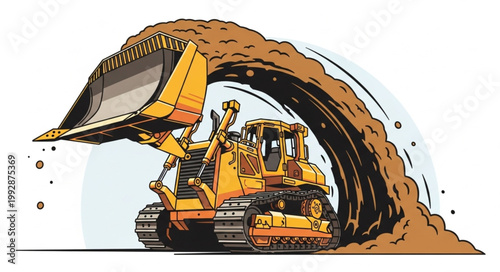 Yellow bulldozer digging and moving dirt with its large bucket.