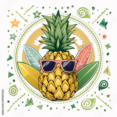 Fun Pineapple Character Wearing Sunglasses with Tropical Leaves and Geometric Patterns