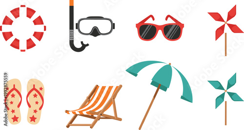 Summer beach accessory icons including lifebuoy, snorkeling mask, sunglasses, umbrella, flip flops and deck chair tropical vacation vector illustration set