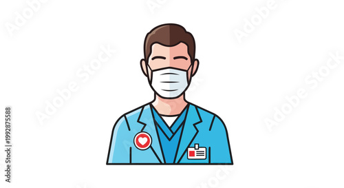 Medical professional, doctor, face mask, blue scrubs, vector illustration