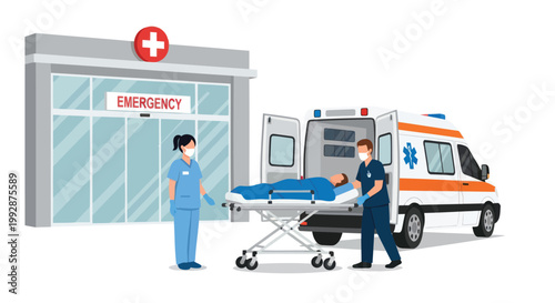 Medical emergency response scene, hospital entrance, ambulance, and healthcare workers, medical vector icons