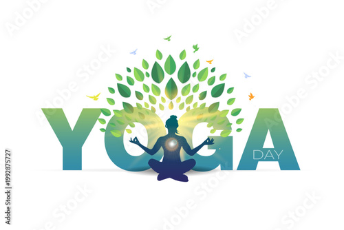 Silhouette of a woman practicing a yoga body stretch pose with a "Yoga Day" typo background.