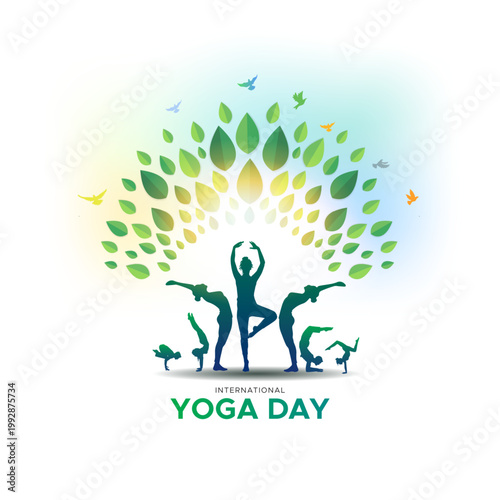 Silhouette vector illustration of a group of people practicing yoga poses for a happy International Yoga Day banner or card.