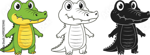 Cute crocodile cartoon character set colored outline and silhouette alligator vector illustration isolated animal design for kids