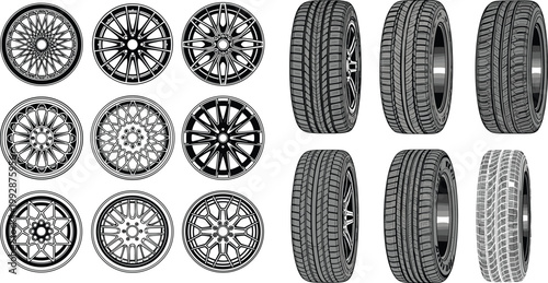 Detailed car wheel and tire vector set featuring alloy rims, tread patterns and automotive wheels in realistic monochrome style illustration