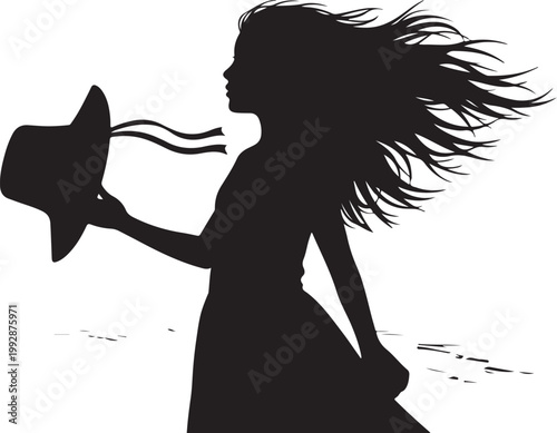 Black silhouette woman, windy hair, holding hat, dramatic profile, vector illustration