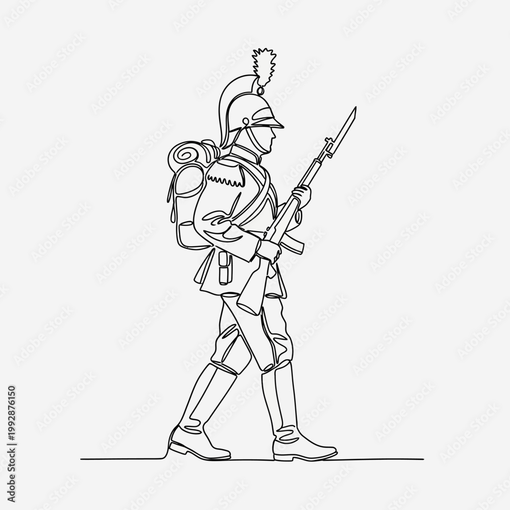 Fototapeta premium Continuous Line Drawing of a Soldier in Uniform with Rifle and Backpack, Marching