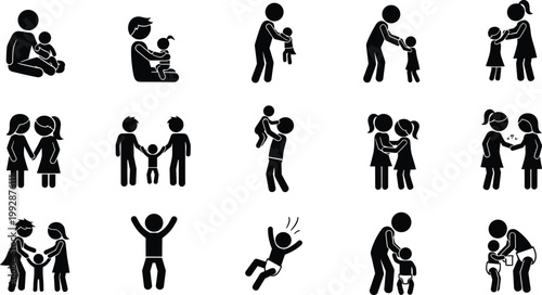 Family people silhouette vector set with parents and children interactions, parenting scenes, love, care and relationships in black flat icon style illustration
