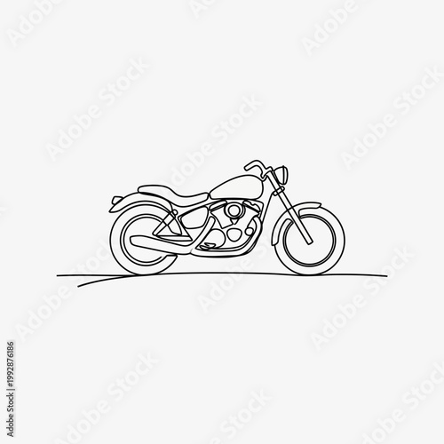 Minimalist single line drawing of a cruiser motorcycle on a white background
