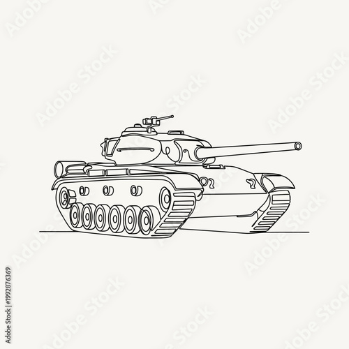 Minimalist Line Art of a Military Tank on White Background