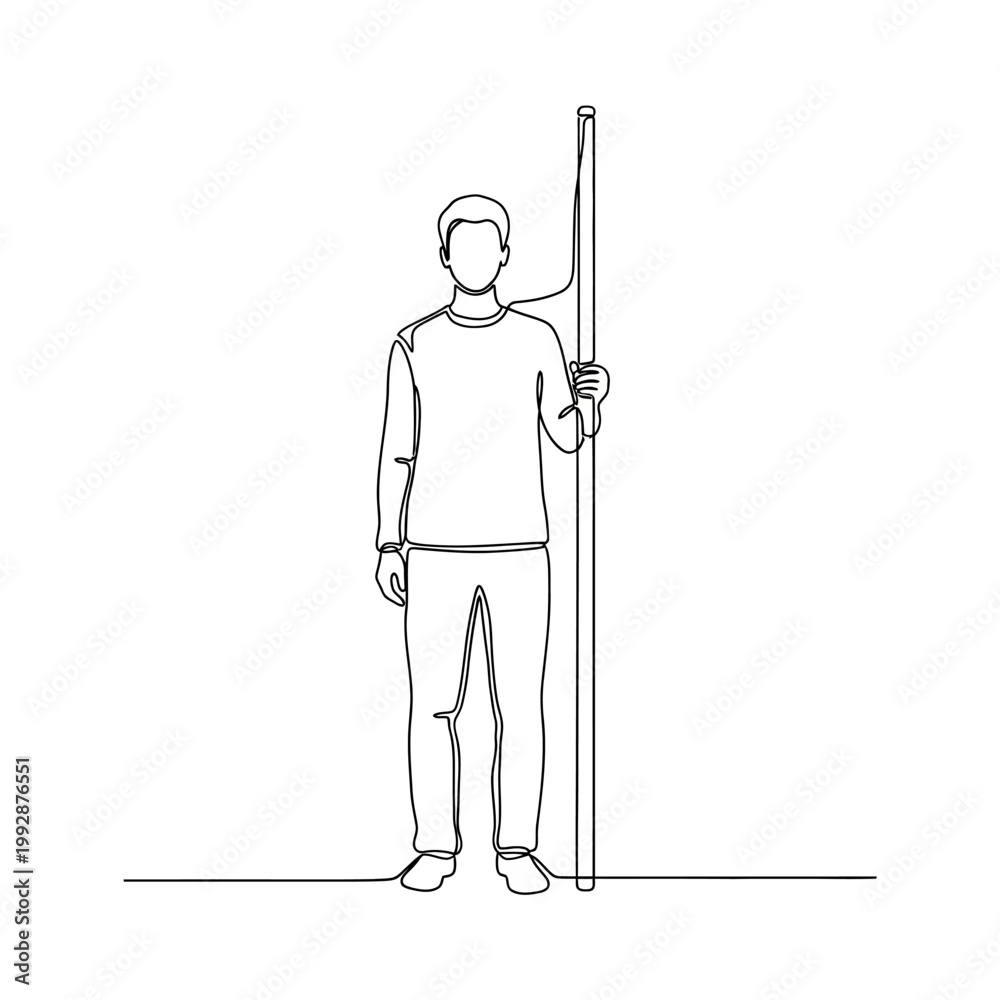 Fototapeta premium Man holding a tall measuring stick, one line drawing, minimalist illustration
