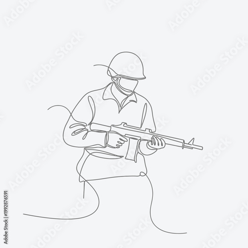 One Line Drawing Soldier Holding Rifle, Minimalist Military Art, Warrior Concept
