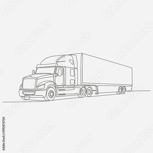 Continuous Line Art of a Semi-Truck and Trailer on White Background