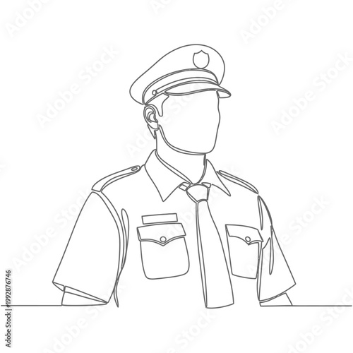 Minimalist single line drawing of a uniformed police officer, security guard, or pilot.