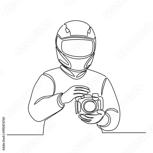 Continuous line drawing of a person in a motorcycle helmet holding a camera.