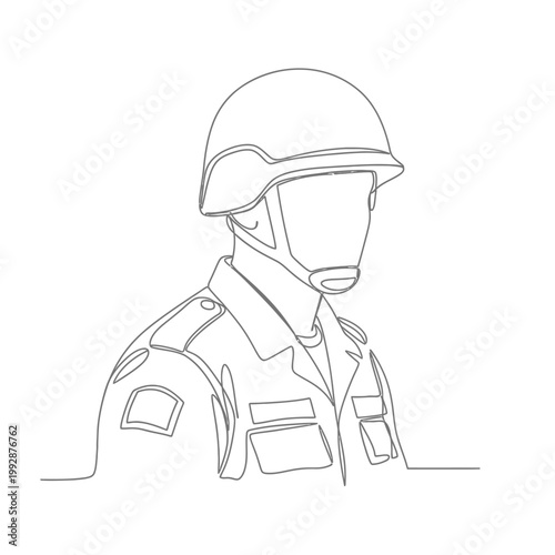 Minimalist Soldier Line Art Drawing, Military Uniform and Helmet, Single Line Illustration