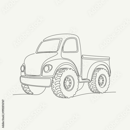 Continuous Line Drawing of a Cute Cartoon Off-Road Pickup Truck