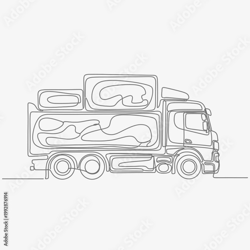 Continuous line drawing of a modern dump truck loaded with cargo, minimalist illustration.