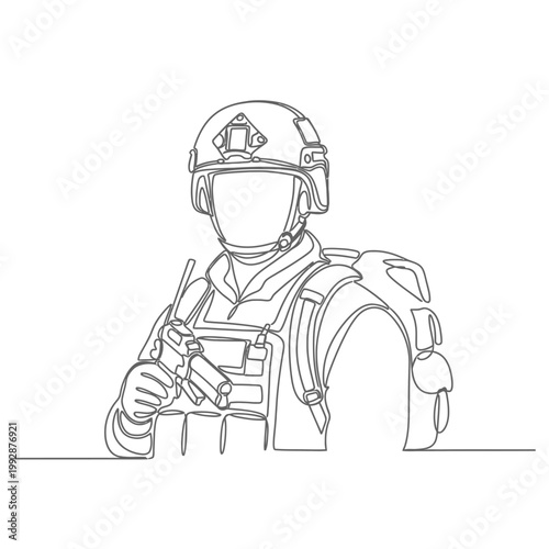 Minimalist Line Art Soldier Portrait, Tactical Gear, Helmet and Rifle