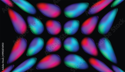 A vibrant and symmetrical abstract digital composition featuring a rhythmic arrangement of elongated, teardrop-shaped organic forms against a solid black background.