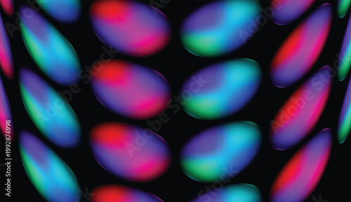 A highly structured and rhythmic abstract digital composition featuring vertically aligned columns of overlapping, teardrop-shaped organic forms against a solid black background.