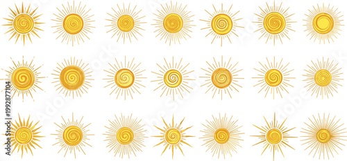 Golden sunburst vector set with radiant circular sun shapes, detailed line rays and decorative vintage elements in elegant minimal outline style illustration