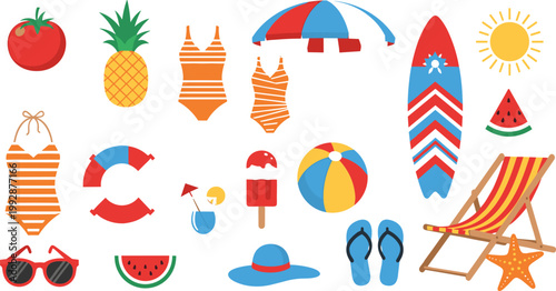 Summer beach vacation icon set with swimsuit, pineapple, surfboard, beach ball, sunglasses, flip flops and tropical holiday elements vector illustration