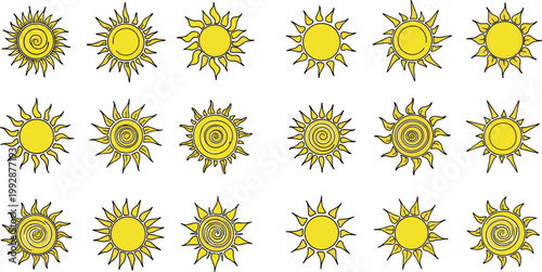 Hand drawn sun vector set with decorative sun shapes, spiral centers and radiant rays in playful cartoon doodle style illustration