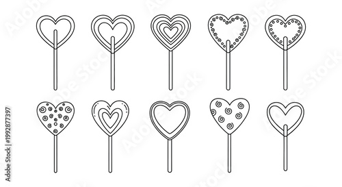 Collection of decorative heart shaped lollipops in a linear style
