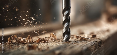The drill bit cutting into aged wood with flying wood chips in workshop