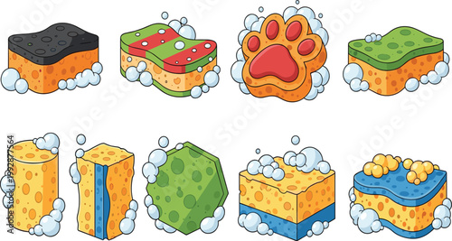 Colorful Cleaning Sponge Vector Set Featuring Soapy Scrub Blocks, Foam Bubbles, and Household Dishwashing Tools for Kitchen Cleaning, Hygiene, and Sanitation Illustration Design