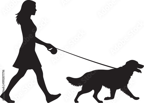 Black silhouette woman walking dog, pet owner, animal lover, vector icon