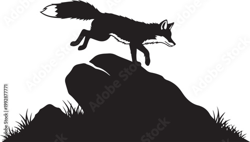 Fox silhouette, wildlife icon, black animal, rock climbing, grassy landscape