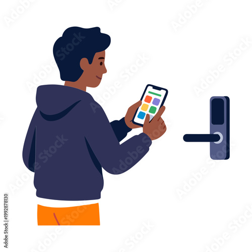 A man uses a smartphone to unlock a digital door lock.