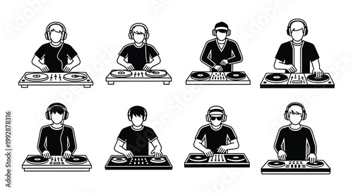 Diverse group of djs performing with turntables and mixing consoles