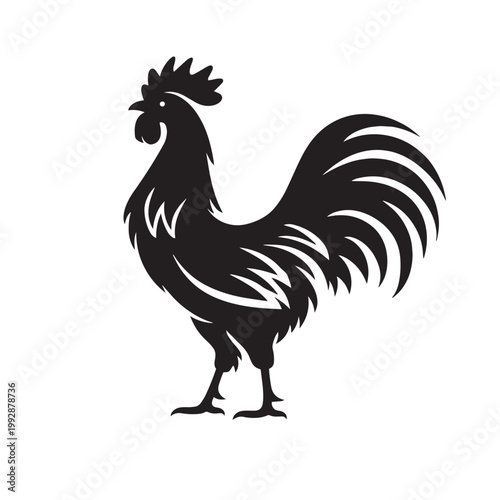 Rooster silhouette vector illustration, black farm bird icon on white background, stylized cockerel logo for organic food branding and poultry farm identity