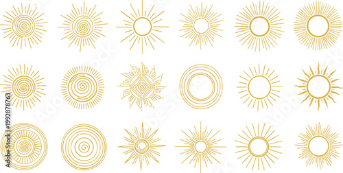 Sunburst vector set with vintage radiant sun shapes, circular line patterns and decorative rays in elegant minimal golden outline style illustration