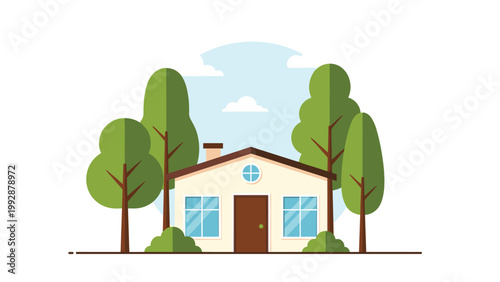 Simple and charming suburban house with a brown door and white walls surrounded by tall green deciduous and coniferous trees.
