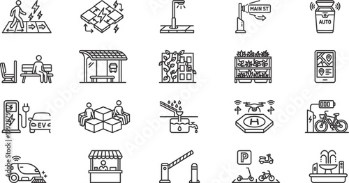 Minimalist smart city infrastructure icons set kinetic pavements solar bus stops EV charging urban design black line vector illustration