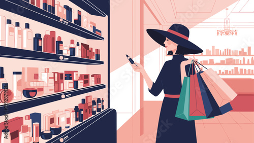 Elegant woman in a black dress and wide-brimmed hat shops for skincare products in a stylish, well-stocked boutique with shopping bags.